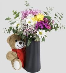 Vazoda Hüsnüyusuf Ve Renkli Papatyalar Aranjmanı & Ayıcık