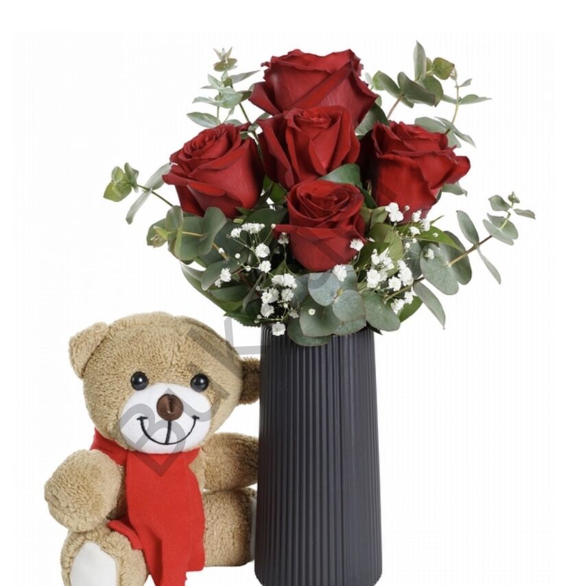 Vazoda 5 Kırmızı Gül & Ayıcık
