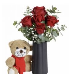 Vazoda 5 Kırmızı Gül & Ayıcık