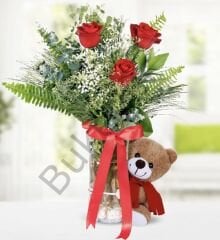 Vazoda 3 Gül Aranjmanı & Ayıcık