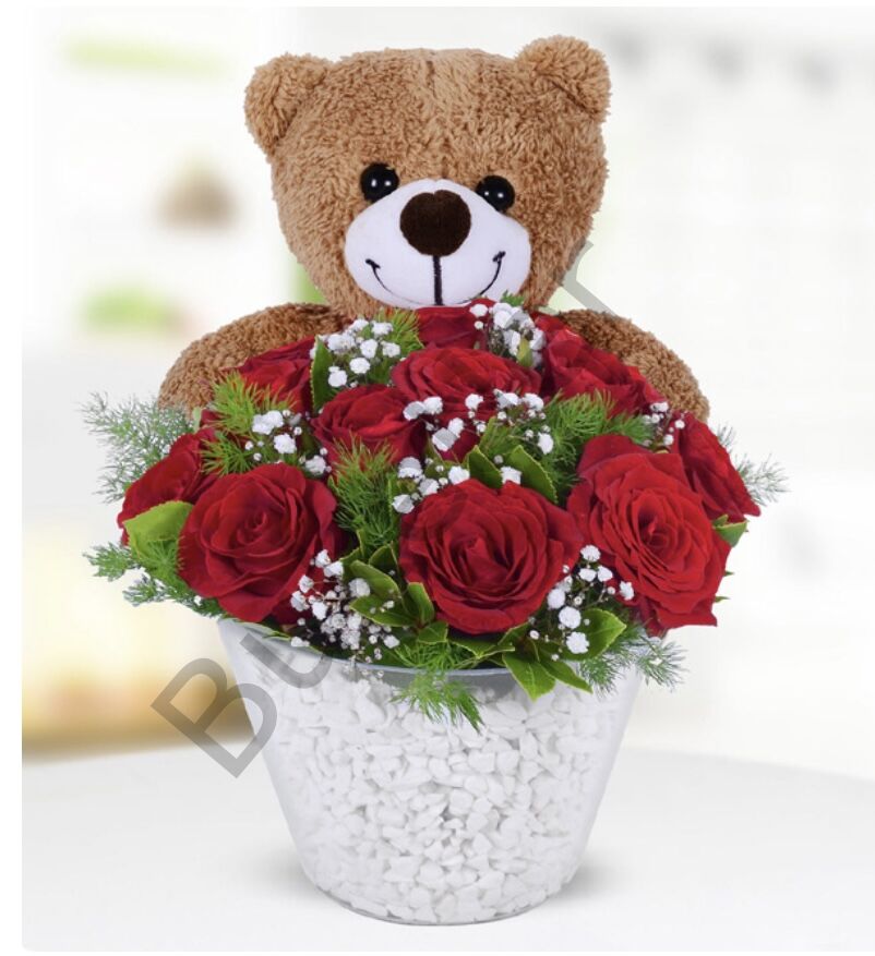 Cam Vazoda 10 Kırmızı Gül & Ayıcık