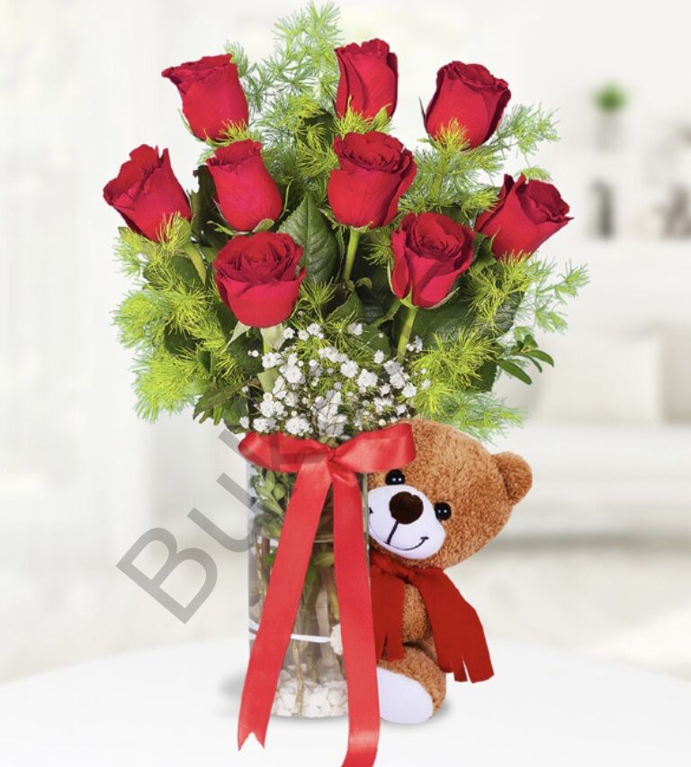 Vazoda 9 Kırmızı Gül & Ayıcık