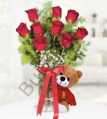 Vazoda 9 Kırmızı Gül & Ayıcık