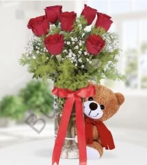 Vazoda 7 Kırmızı Gül & Ayıcık